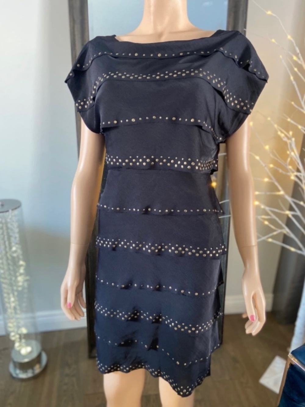 LIKE NEW: BCBG Maxazria Navy Blue Tiered Gold Studded Dress (Size XXS)